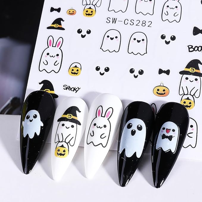 Halloween Nail Art Stickers, Cute Cartoon Ghost Nail Art Decals 3D Self-Adhesive Spider Bat Pumpkin Skull Flowers Nail Design 4Pcs Halloween Nail Art Supplies for Women Nail Decoration