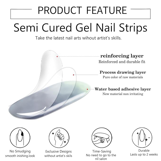 WOKOTO Semi Cured Gel Nail Strips (Black Gradient)-16 Pcs Gel Nail Stickers | Gel Nail Wraps | UV Light Required, Salon Quality & Easy to Use, Real Nail Polish Strips Stick On Nails with Nail File