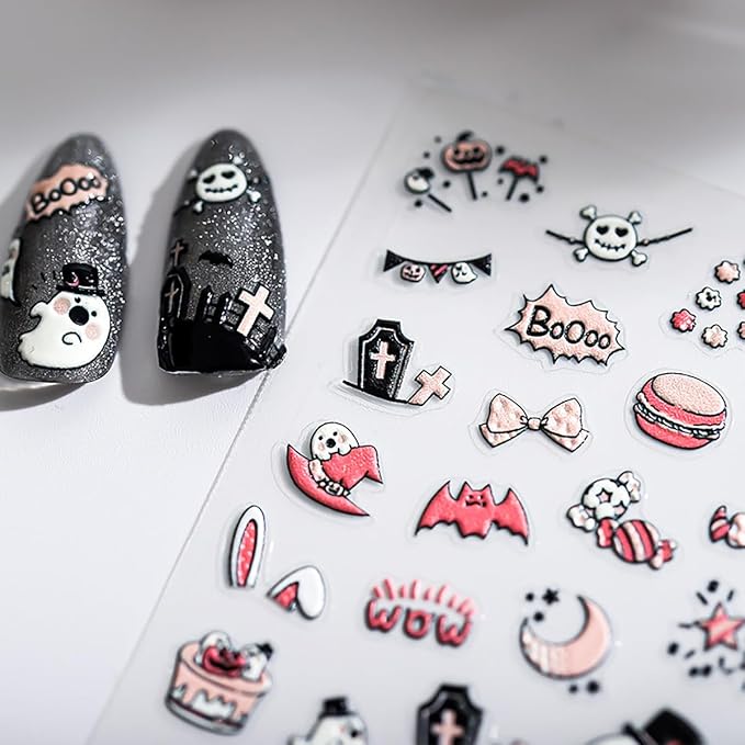 Cute Halloween Nail Art Stickers 5D Self-Adhesive Moon Star Nail Decals Kawaii Ghost Nail Stickers Halloween Candy Heart Spider Web Design Embossed Nail Supplies Decoration for Women Girls DIY