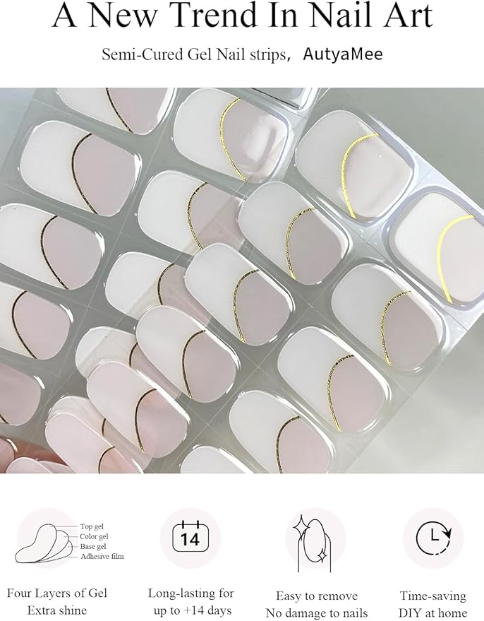 Semi Cured Gel Nail Strips (Gold Line French), White, 30 Pcs Gel Nail Wraps, Stickers, UV Light Required