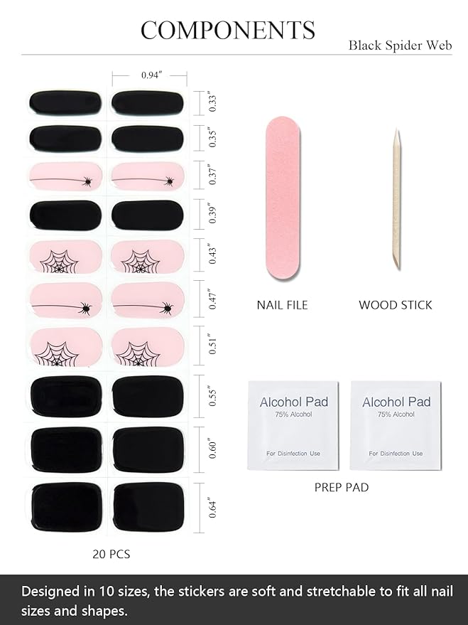 Semi Cured Gel Nail Strips (Black Spider Web), Halloween, 20 Pcs Gel Nail Wraps, Stickers, Salon Quality, Long Lasting, Works with Any Lamps