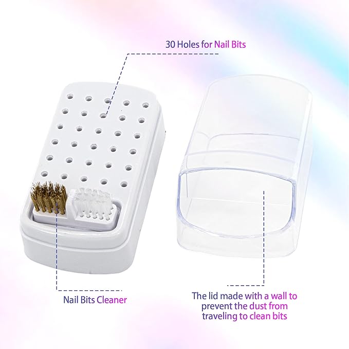 2 Pcs 2 In 1 Nail Drill Bit Holder, 30 Holes Case Tech Bits Cleaning Brush Organizer Professional Nail Tools Dustproof Stand Displayer Storage Box (Pink+White)