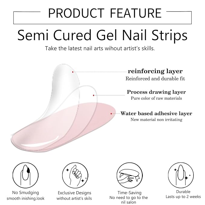 WOKOTO Semi Cured Gel Nail Strips (Pink & Glitter)-16 Pcs Gel Nail Stickers | Gel Nail Wraps | UV Light Required, Salon Quality & Easy To Use, Real Nail Polish Strips Stick On Nails With Nail File