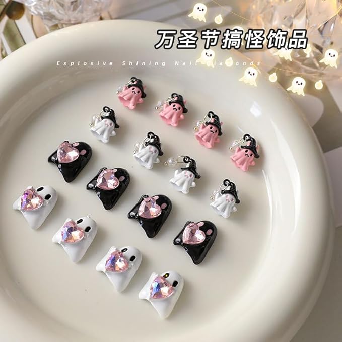 Halloween Ghost Nail Art Decals, Pink White Cute Resin Beautiful Nail Charms, Exquisite Nail Rhinestone Decals for Women Girls DIY Manicures Salon Accessories