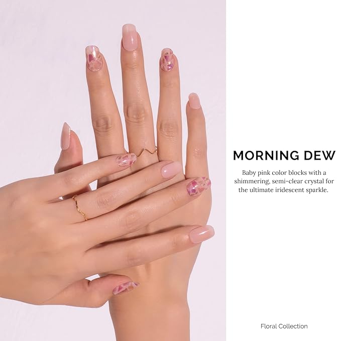 Nailog Semi Cured Gel Nail Strips 34 pcs | Long Lasting Nail Polish Sticker Wraps with Glossy Gel Finish | Morning Dew