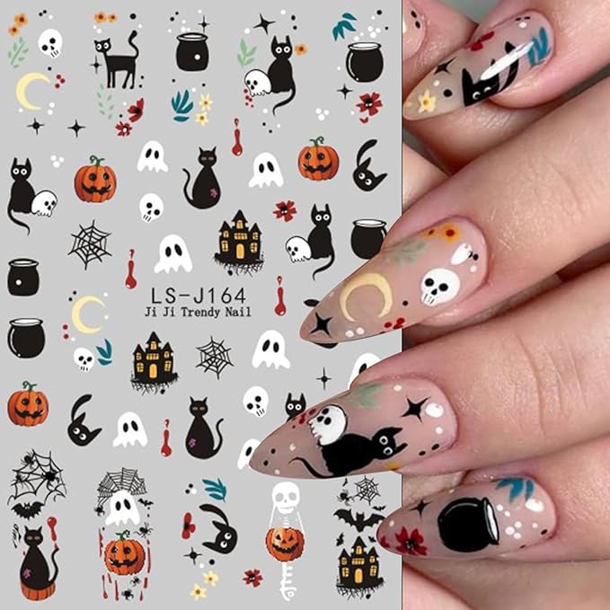 Halloween Nail Art Stickers Flower Ghost Pumpkin Nail Decals 6PCS Black Cat Blood Eye Ball Palm Cartoon Design 3D Self-Adhesive Halloween Stickers Manicure Supply for Women DIY Nail Art Decorations