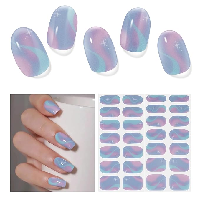 Semi Cured Gel Nail Strips,28 PCS Gel Nail Stickers Nails Wraps for Women (Colorful Aurora),Long Lasting Stickers with UV Light Required,Easy to Apply