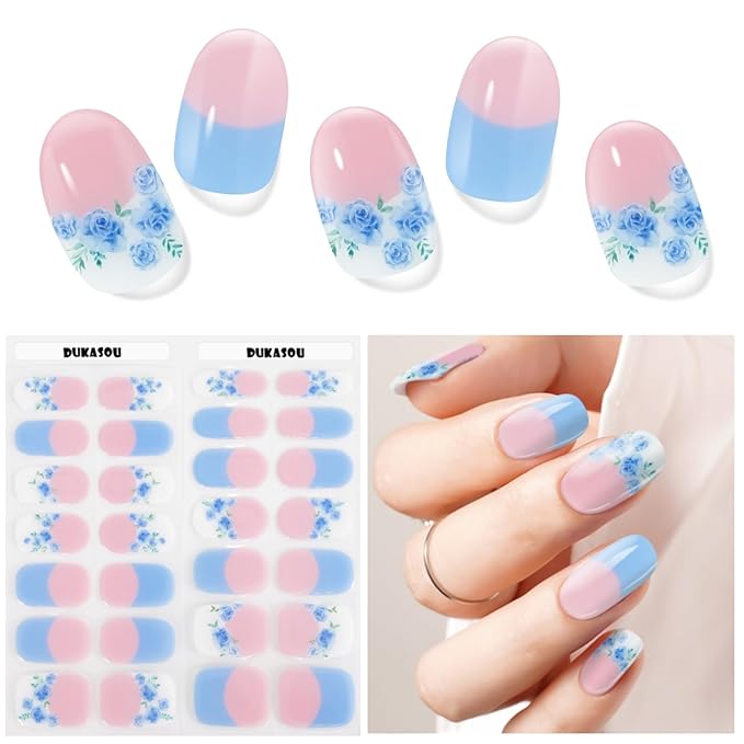 Semi Cured Gel Nail Strips, Blue Rose French | 28 pcs Chinese Style Gel Nail Strips Work with Any UV Lamp, Salon Quality New Chinese Nail Stickers, Include Prep Pads, Nail File&Wood Stick