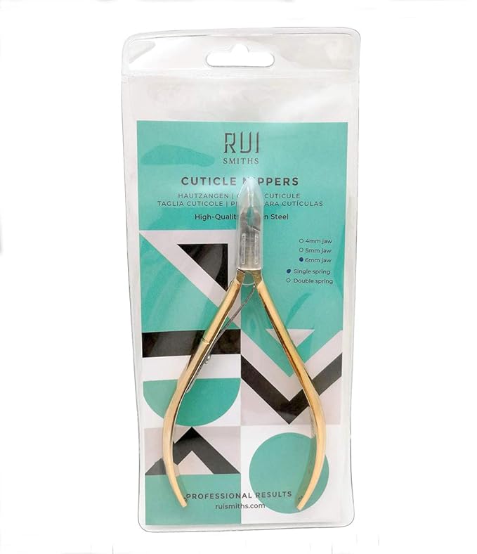 Rui Smiths Professional Cuticle Nippers, Gold-Plated Carbon Steel, French Handle, Single Spring, 6mm Jaw (Full Jaw)