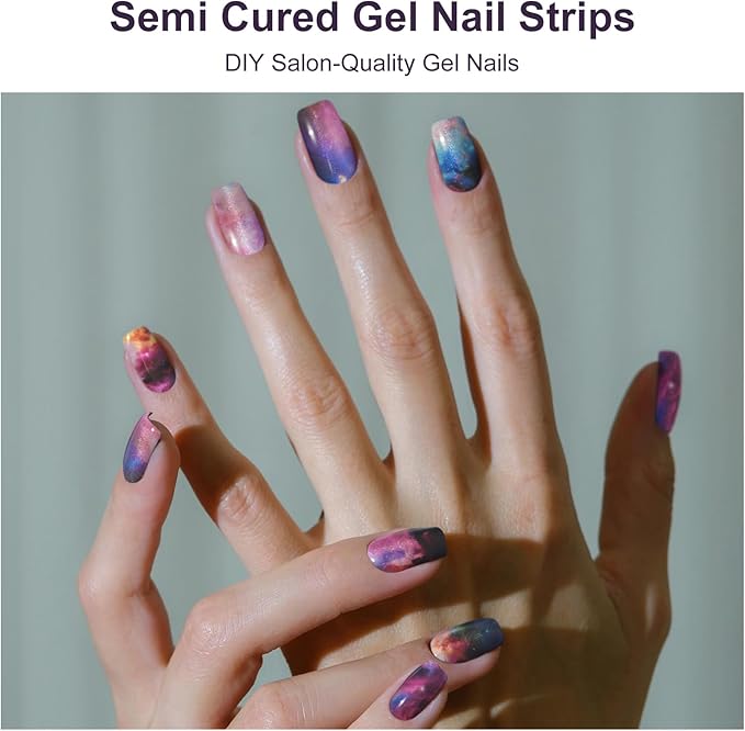 Semi Cured Gel Nail Strips, 28 pcs Gel Nails Stickers for Women Work with Any UV Lamp, Long Lasting UV Gel Nail Strips for Home DIY Nails Art (Smudge Starry Sky)