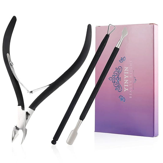 YINYIN Professional Cuticle Trimmer with Pusher and Cutter - Stainless Steel Cuticle Clippers for Fingernails and Toenails (Black)