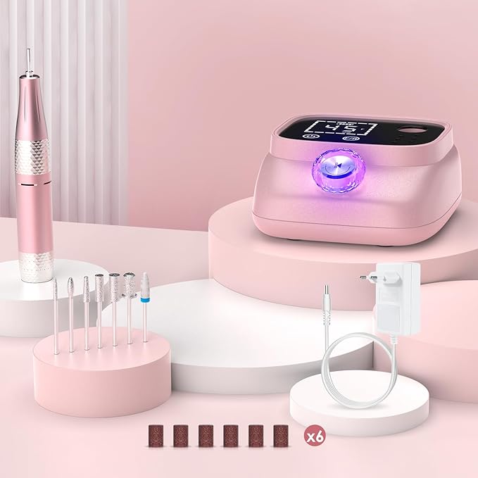 Electric Nail Drill 45000 RPM, Professional Rechargeable Nail File Kit, Nail Drill Machine, Nail Grinder, Acrylic Nail Kit for Any Manicure, Pedicure, Gel Polishing Removing, Pink