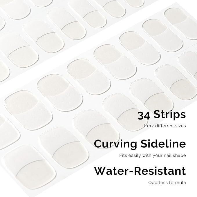 Semi Cured Gel Nail Strips - NAILOG 34 Pcs French Clear Gel Nail Stickers Extra Long Nail Wraps with Glossy Gel Finishing for Spring Summer, Moonlit Tips