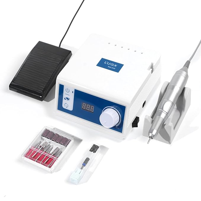 L'UGX Professional Nail Drill, 45000RPM Brushless Electric Nail File Manicure Pedicure with 7 Drill Bits, Perfect for Home Salon Use, Foot Pedal, Low Noise and No Vibration
