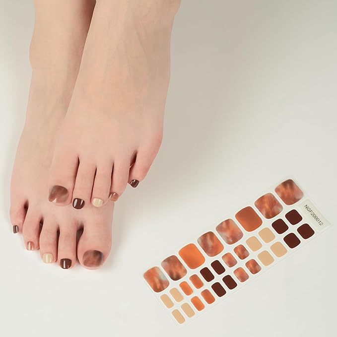 Semi Cured Gel Toenail Strips, 32 Mocha Marble Gel Toenail Stickers - Works with Any UV Lamps Pedicure Strips Full Nail Wraps with Nail File & Wood Stick