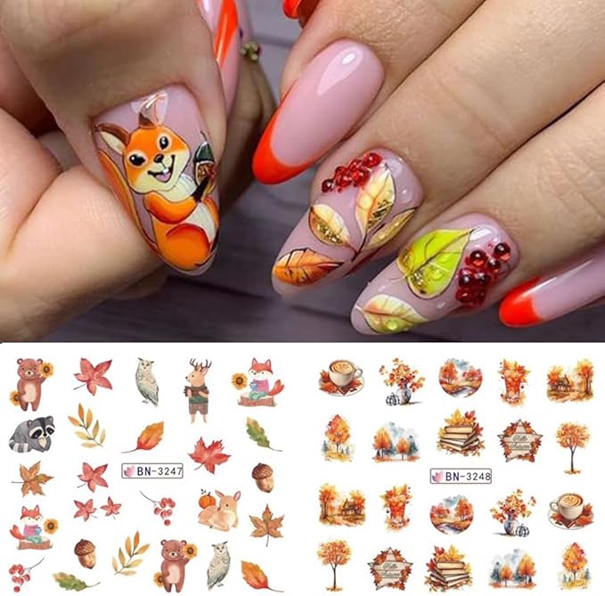 Fall Thanksgiving Nail Art Stickers Decals Autumn Maple Leaf Water Transfer Nail Foils Supplies Fall Pumpkin Squirrel Fox Mushroom Designer Nail Decals for Nail Art Thanksgiving Nail Art Decoration