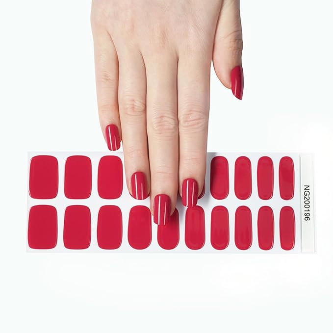 Semi Cured Gel Nail Strips, 20pcs Real Nail Polish Art Stickers, Red-C Gel Nail Stickers - Work with Any UV Lamp, Long Lasting Full Wraps with Nails File and Stick