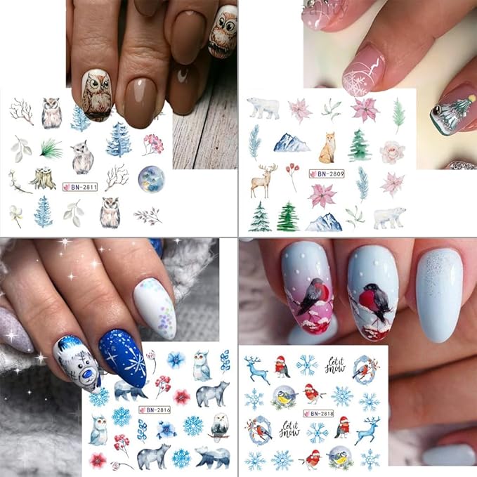 12 Sheets Snowflake Nail Art Stickers Water Transfer Nail Decals Christmas Nail Art Decorations Blue Snowflake Elk Santa Tree Bear Cute Winter Pattern Watermark Nail Stickers for Women DIY Nail Supply