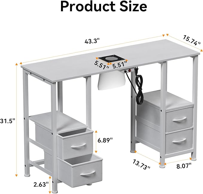 Manicure Table for Nail Tech, Nail Tech Table Station w/4 Storage Drawers & 2 Open Shelves, Nail Table w/Dust Collector for Beauty Salon Tech Station (White)