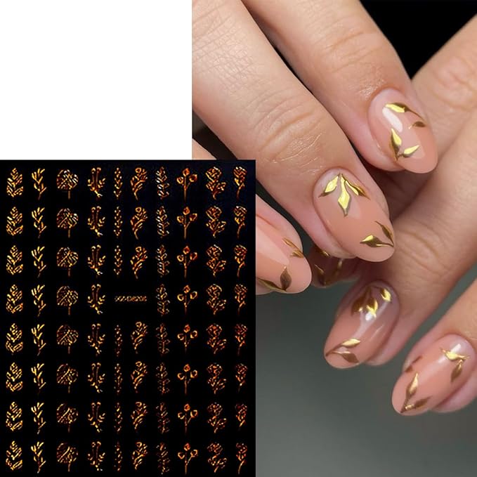 12 Sheets Fall Gold Leaves Nail Art Stickers Maple Leaf Flower Nail Decals 3D Self Adhesive Shiny Autumn Leaves Nail Stickers Design Manicure Supplies Decoration for Women Acrylic DIY Nails