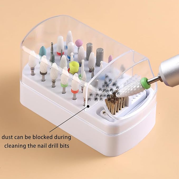 2 in 1 Nail Drill Bit Holder and Nail Drill Bits Cleaner Brush Case, 30 Holes Nail Drill Bits Organizer Display Stand Container Box, Manicure Drill Cleaning Brush, Professional Nail Tools