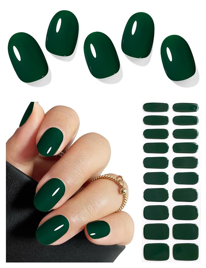 Semi Cured Gel Nail Strips (Forest Green), 20 Pcs Gel Nail Wraps, Stickers, UV Light Required, Salon Quality, Long Lasting