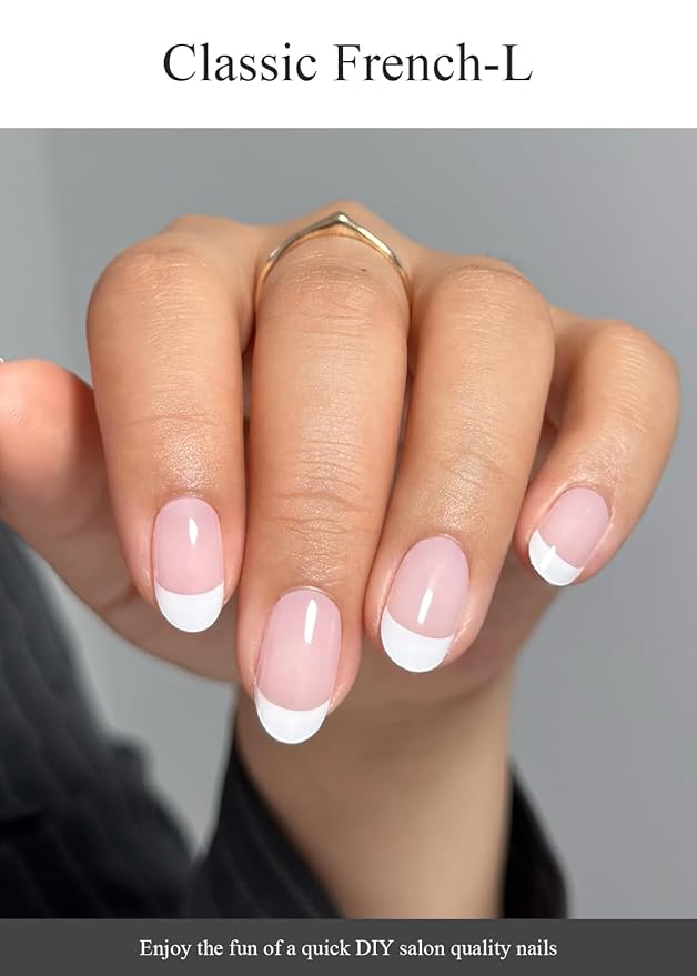 Semi Cured Gel Nail Strips (Classic French-L), White French Tip, 20 Pcs Gel Nail Wraps, Stickers, UV Light Required, Salon Quality, Long Lasting