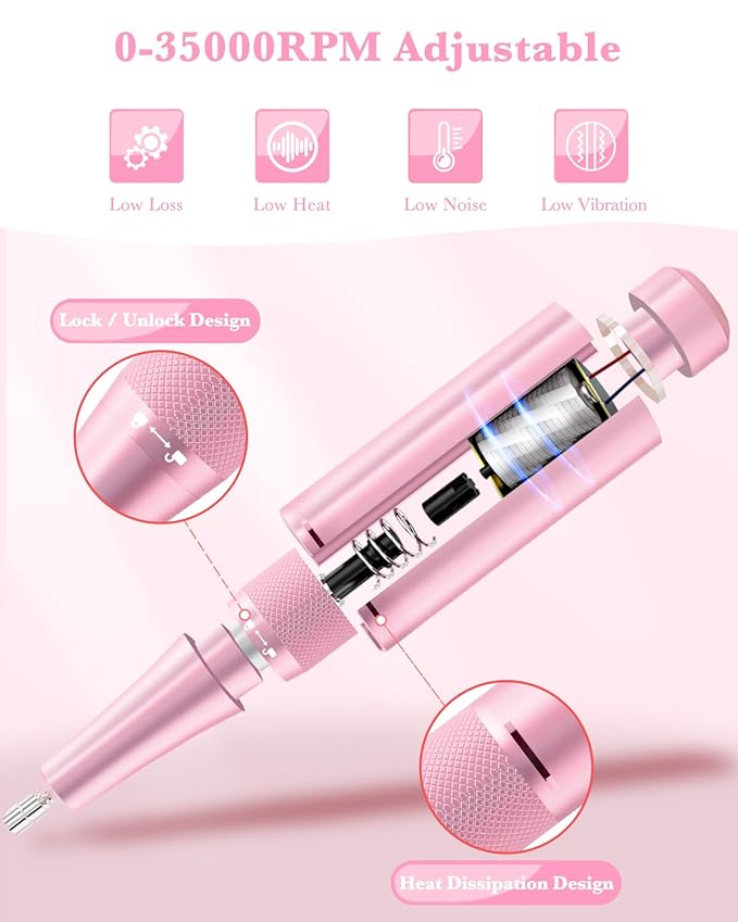 ENGERWALL Rechargeable Nail Drill 35,000 RPM, Portable Cordless Electric Nail File for Acrylic, Gel Nails, Polishing & Removal, with Nail Drill Bits Kit for Manicure & Pedicure, Pink-Blue