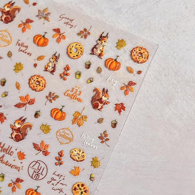 1Sheet Maple Leaf Nail Stickers 5D Embossed Self Adhesive Fall Squirrel Nuts Nail Decals Thanksgiving Day Pumpkin Nail Design Red Yellow Maple Leaf Nails Sticker Nails Decor for Women Nails Supplies