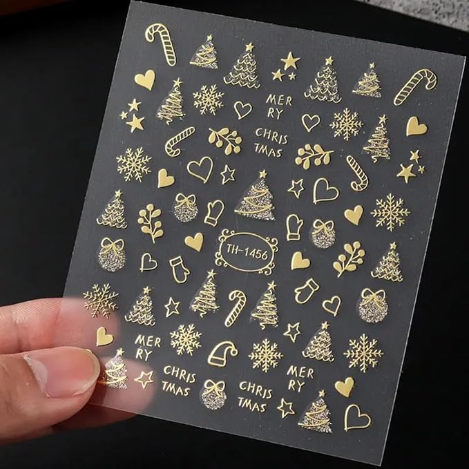Christmas Nail Art Stickers 3D Gold Crystal Ball Snowflake Tree Christmas Nail Stickers 6PCS Candy Cane Cute Elk Self-Adhesive Xmas Nail Decals Sliders New Year Holiday Nail Art Supplies for Women