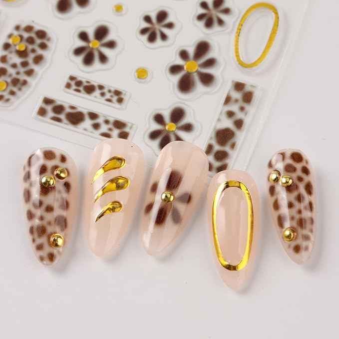 2 Pcs Leopard Print Nail Stickers Fall Decals for Nial Art French Nail Art Design 5D Embossed Brown Flower Nail Supplies Golden Circle Nail Art Accessories for Women Autumn DIY Manicure Decoration