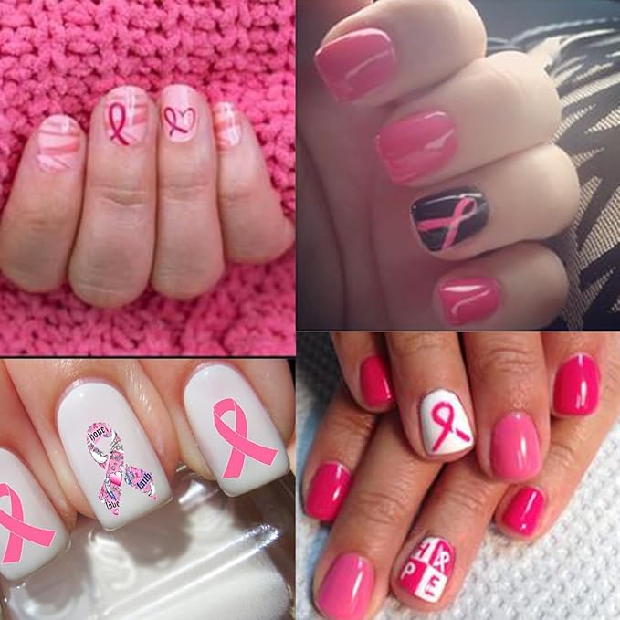 6 Sheets Breast Cancer Nail Art Stickers - 3D Self-Adhesive Heart Letter Nail Decals Pink Ribbon Breast Cancer Nail Designs for Women & Girls Acrylic Manicure Salon