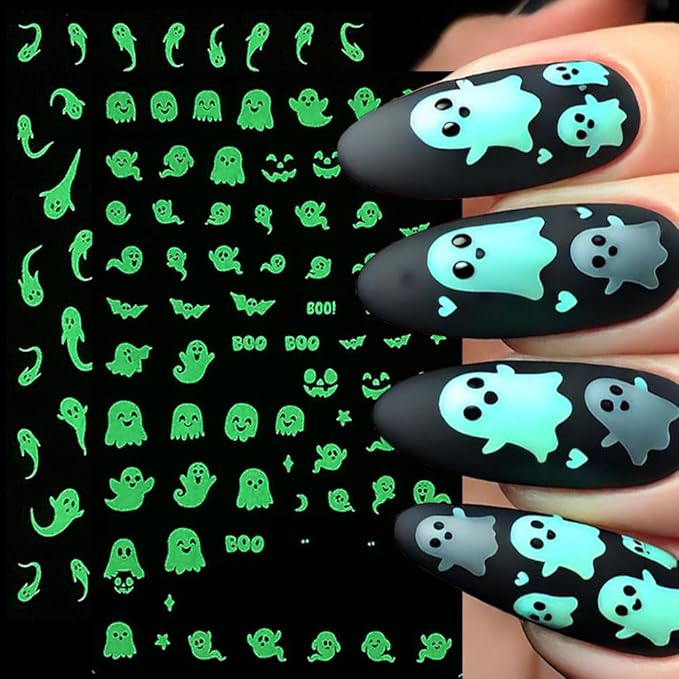 Halloween Ghost Nail Art Stickers Luminous Nail Stickers 6PCS Cute Ghost Bat Boo Halloween Nails Design 3D Self-Adhesive Nail Decals Nail Art Supplies Manicure Sliders for Women DIY Nail Decorations