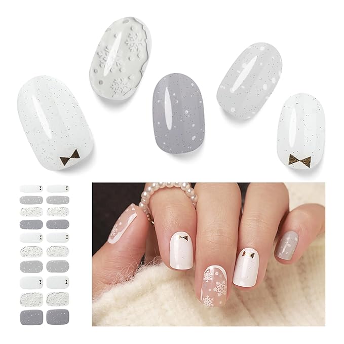 Semi Cured Gel Nail Strips, Christmas 20 PCS Nail Stickers Work with UV Light, Salon Quality & Easy to Use - Snowy Glow