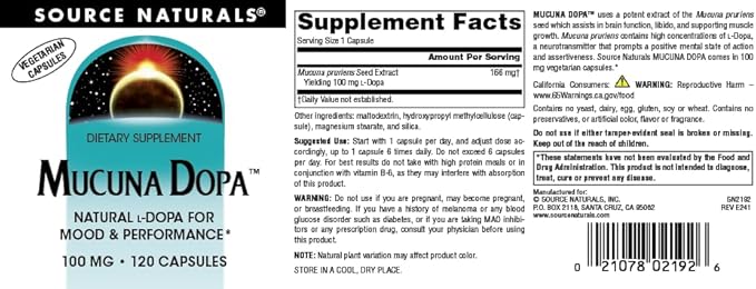 Source Naturals Mucuna Dopa, for Mood & Performance*, 100 mg - 120 Vegetarian Capsules