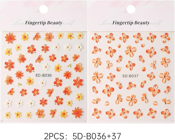 Fall Flowers Nail Art Stickers, Fall Gradient Orange Flower Nail Decals 5d Embossed Small Yellow Flower 2Pcs Nail Art Supplies for Women Nail Decoration