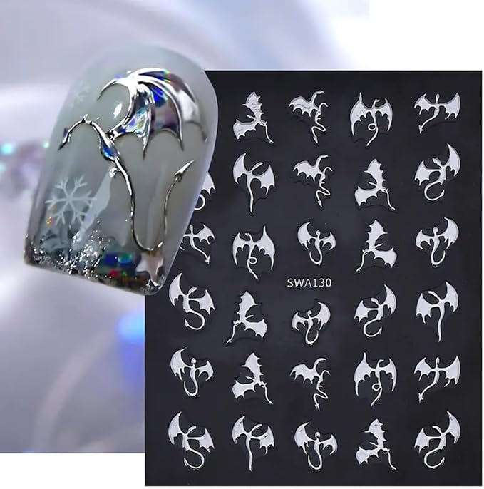 Halloween Nail Stickers 3D Metallic Dragon Nail Art Stickers 6PCS Laser Silver Gold Bronzing Fly Devil Bat Halloween Theme Design Self-Adhesive Nail Decals Accessories for Holiday Nail Art Decorations