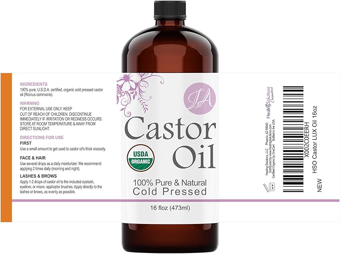 Healing Solutions Oils - 16 oz Castor Oil Organic Pure Natural, Cold Pressed, Hexane & Chemical Free Natural Solution, Lash Serum, Stimulates Growth For Hair, Eyelash, Eyebrows, Scalp & Beard - 473ml