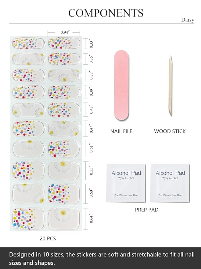 Semi Cured Gel Nail Strips (Daisy), Clear, Summer, 20 Pcs Gel Nail Wraps, Stickers, UV Light Required, Salon Quality, Long Lasting