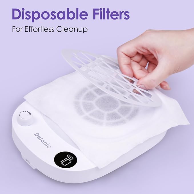 Delanie Professional Nail Dust Collector Cordless with 50pcs Filter Pads, Portable Dust Collector for Nail Tech 6000 RPM, Rechargeable Compact Nail Fan Dust Collector with 10 Speed Settings & Display