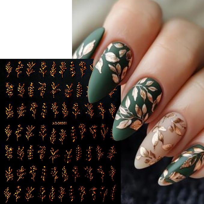 12 Sheets Fall Gold Leaves Nail Art Stickers Maple Leaf Flower Nail Decals 3D Self Adhesive Shiny Autumn Leaves Nail Stickers Design Manicure Supplies Decoration for Women Acrylic DIY Nails