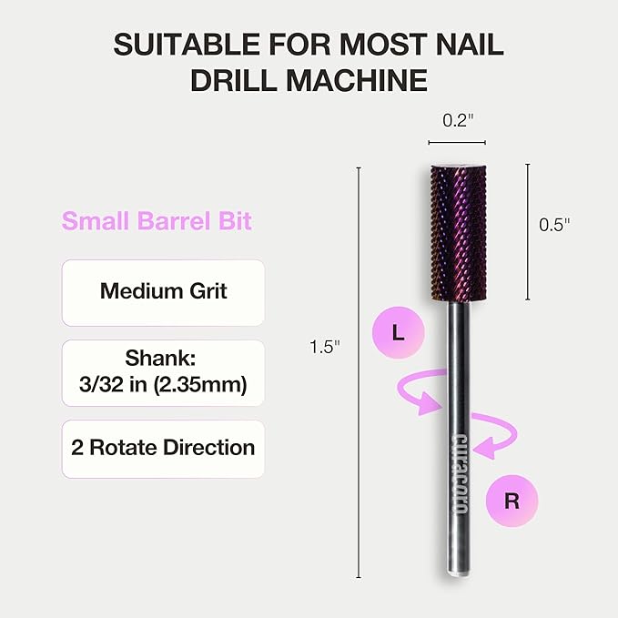 Curacoro Nail Drill Bits 3/32'' - Small Barrel Carbide Bit (Medium) for Professional Finish, Precisely Remove, Refine, Smooth Acrylic or Gel Nails, Nail Art Pedicure Manicure Salon & Home