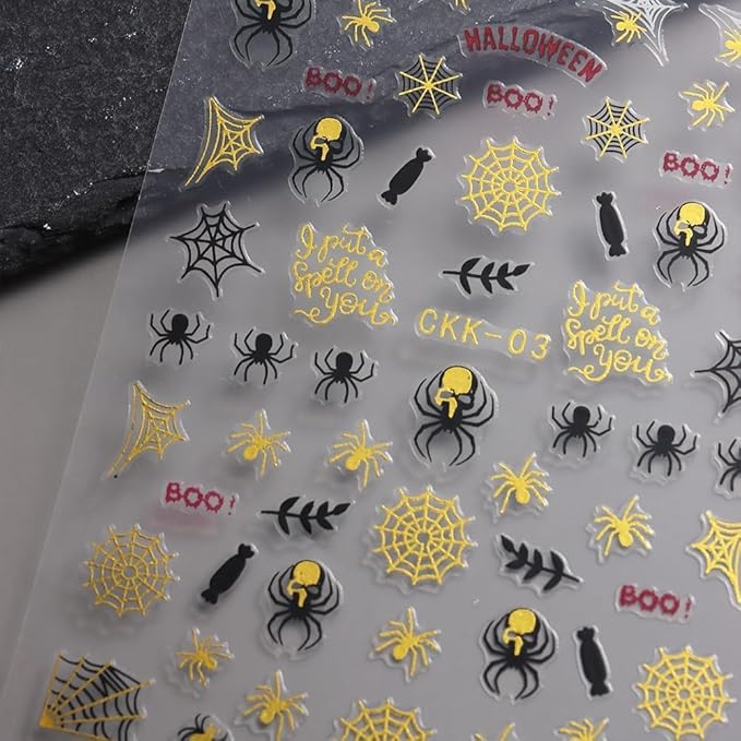 8Pcs Halloween Nail Stickers Spider Web Nail Decals Gold DIY Self Adhesive Ghost Cobweb Nail Design Halloween Nail Decoration Supplies Holiday Manicure Accessories for Women Girls