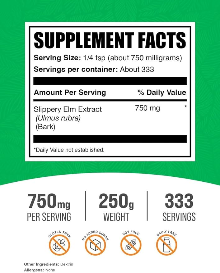 BulkSupplements.com Slippery Elm Bark Extract Powder - Slippery Elm Powder, Sourced from Ulmus Rubra Bark - Gluten Free, 750mg per Serving, 250g (8.8 oz) (Pack of 1)