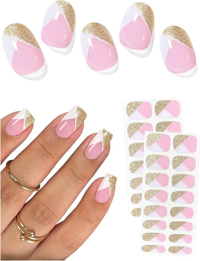 Semi Cured Gel Nail Strips (Gold Glitter French), White, 30 Pcs Gel Nail Wraps, Stickers, UV Light Required