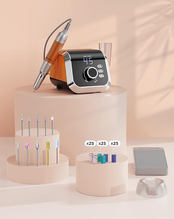 Professional Nail Drill with Foot Pedal, Nail E File 45000 RPM Speed, Electric Nail Filer for Acrylic Nails, F/R Rotation, 65W Power, Quite Nail Drill Machine for Women Orange