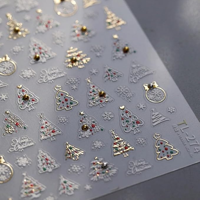 Christmas Nail Art Stickers 5D Christmas Tree Snowflake Nail Decals with Pearl 1PCS White Gold Xmas Tree Crystal Ball Snowflakes Design Self-Adhesive Holiday Stickers for Nails Manicure Decoration