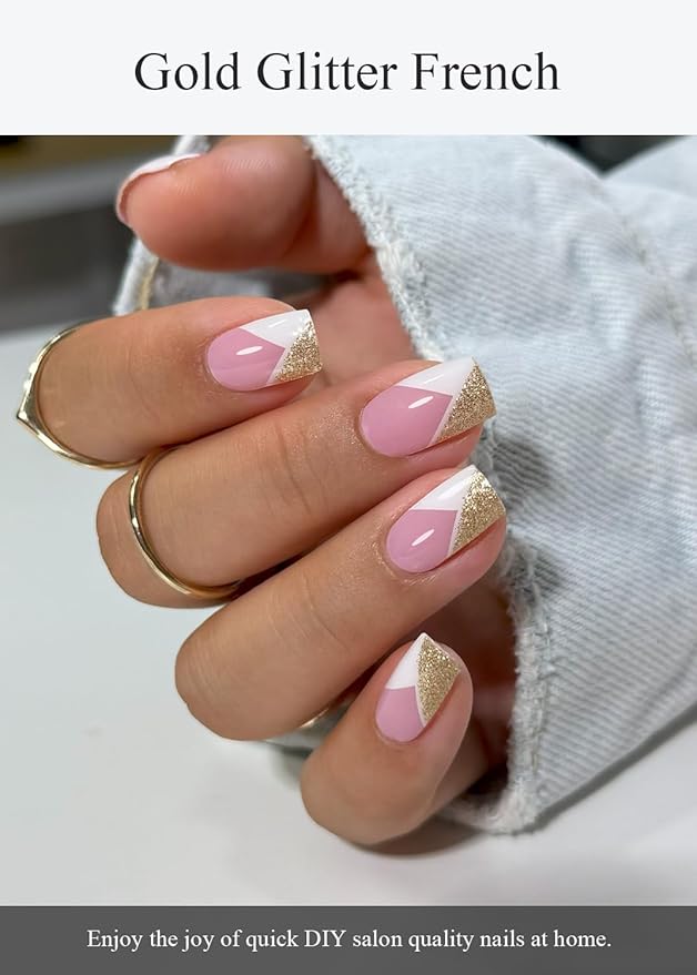 Semi Cured Gel Nail Strips (Gold Glitter French), White, 30 Pcs Gel Nail Wraps, Stickers, UV Light Required