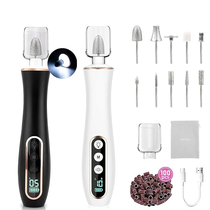 2 Pack Portable Electric Nail Drill Polisher – 10-in-1 Versatile Tool with 100PC Sanding Rings for DIY Care, Black+White