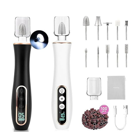 2 Pack Portable Electric Nail Drill Polisher – 10-in-1 Versatile Tool with 100PC Sanding Rings for DIY Care, Black+White